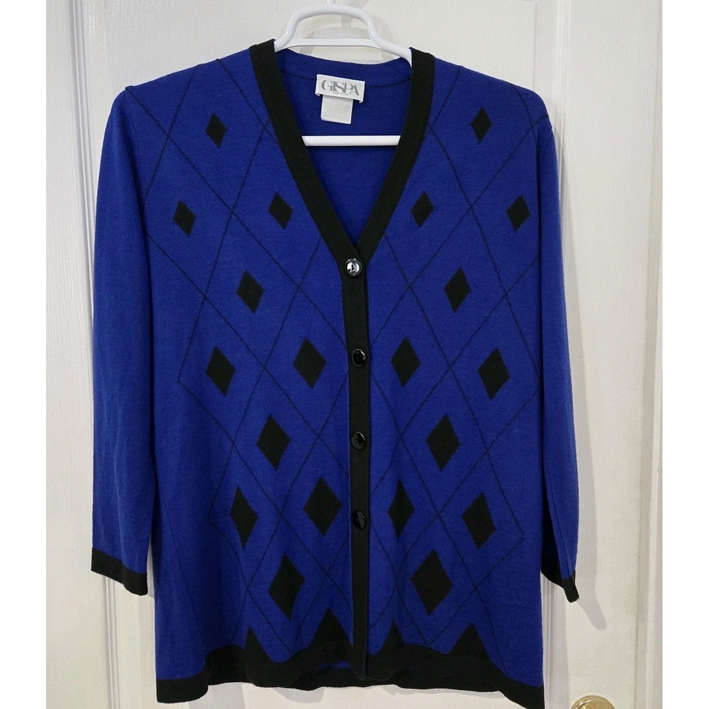Womens VTG Gispa Made In Italy Wool Blend Cardigan Sweater Blue/ Black Old Money